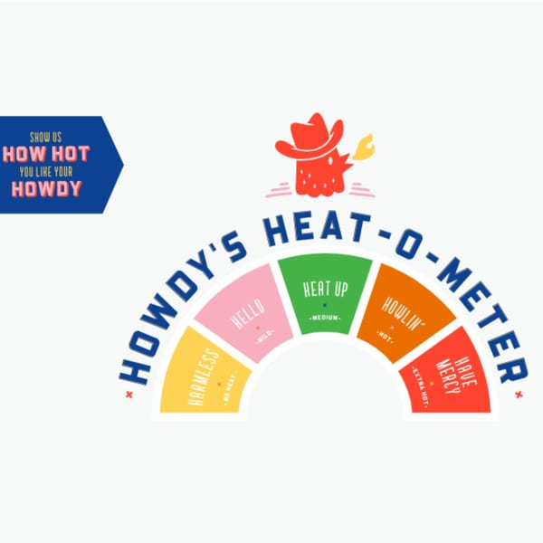 Howdy Hot Chicken's "Heat-O-Meter" graphic, showing spice levels from "Harmless" to "Have Mercy".